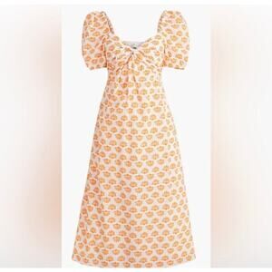 J. Crew Painted Seashell Midi Dress Puff Sleeve Sweetheart Cotton Yellow BR904